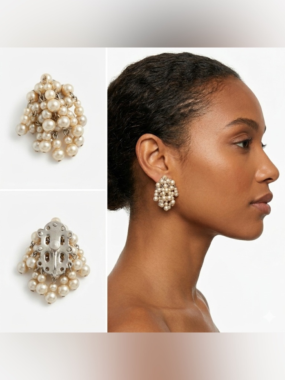 Vintage 1950s Cluster Pearl Clip-On Earrings - Ivory